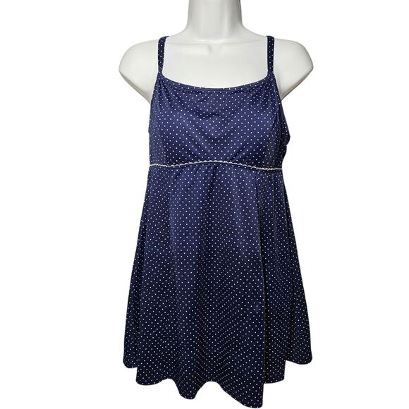 LL Bean Empire Swim Dress Navy/White Polka Dots Size 14 - Picture 1 of 8